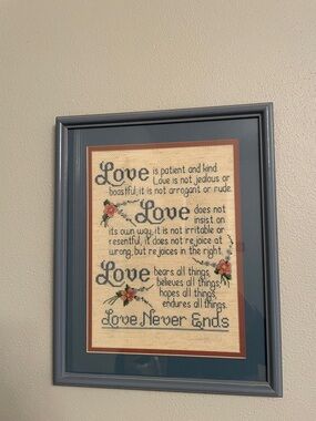 Vintage Handmade Cross-Stitch Hanging Wall Decor Framed Picture LOVE IS PATIENT